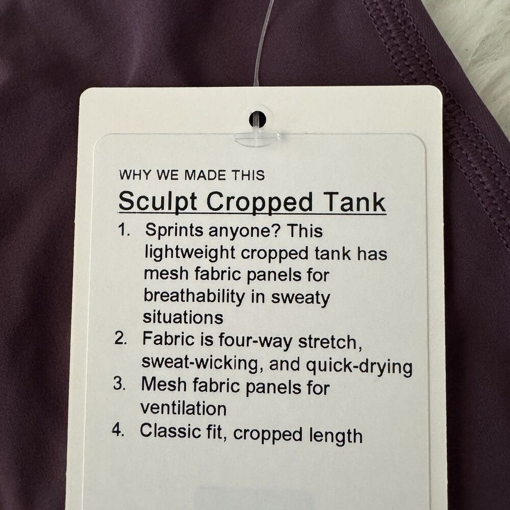 Lululemon Sculpt Cropped Tank Women’s Size 4 Flowy Grape Thistle Quick Dry NWT - Picture 4 of 11